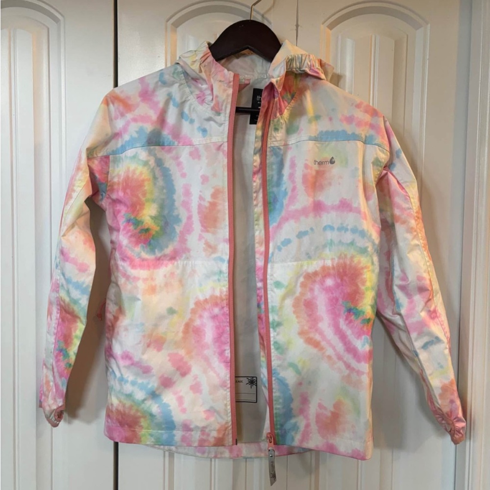 Sz 12 girls Therm Kids jacket with rain pants waterproof Tie-Dye Raincoat